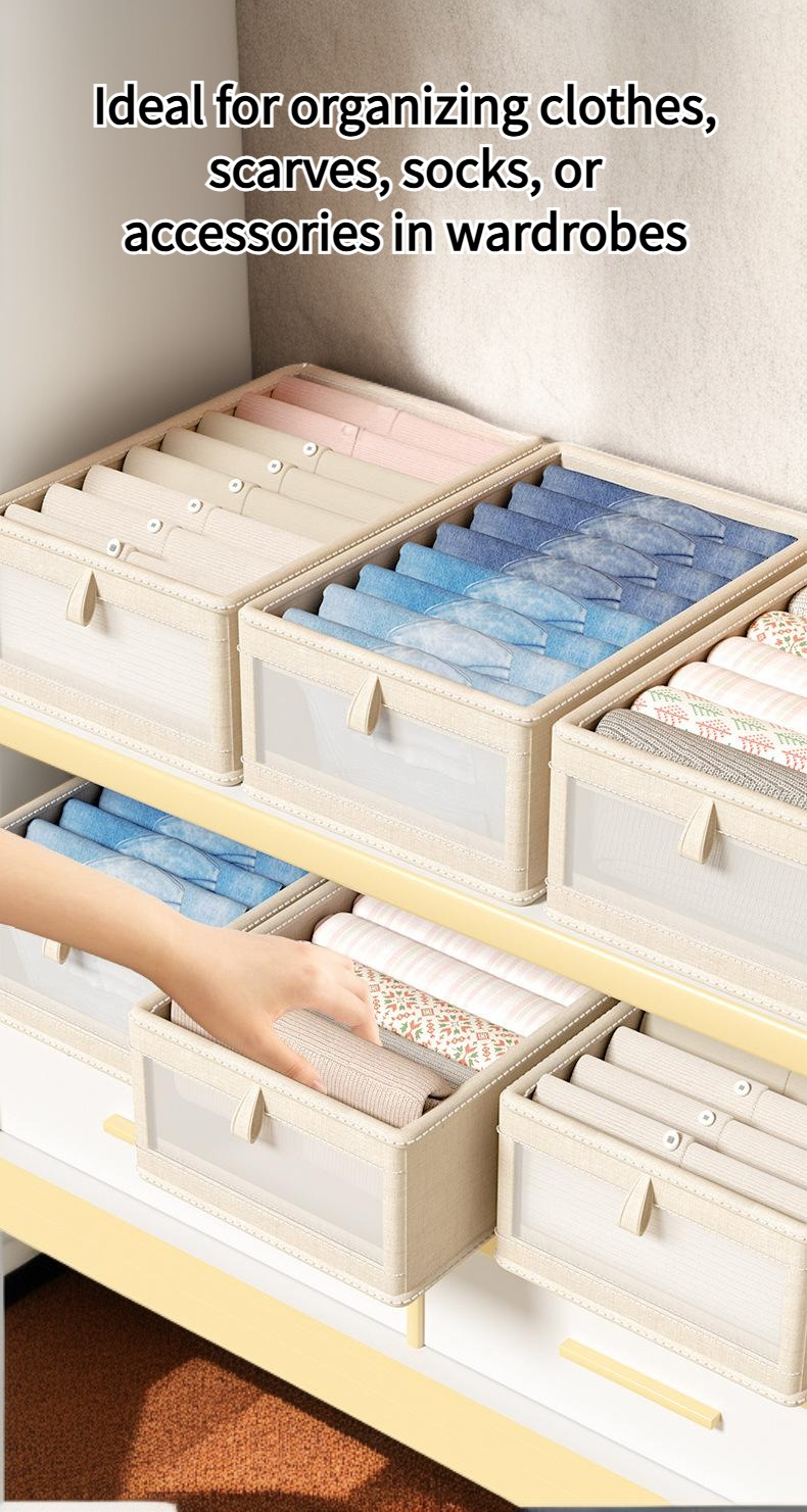 Japanese style cotton and linen clothes storage box on shelf
