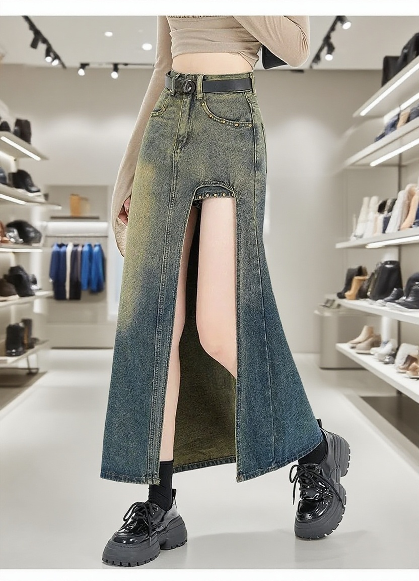 여성 슬림핏 데님 스커트 소재 및 디테일 확대