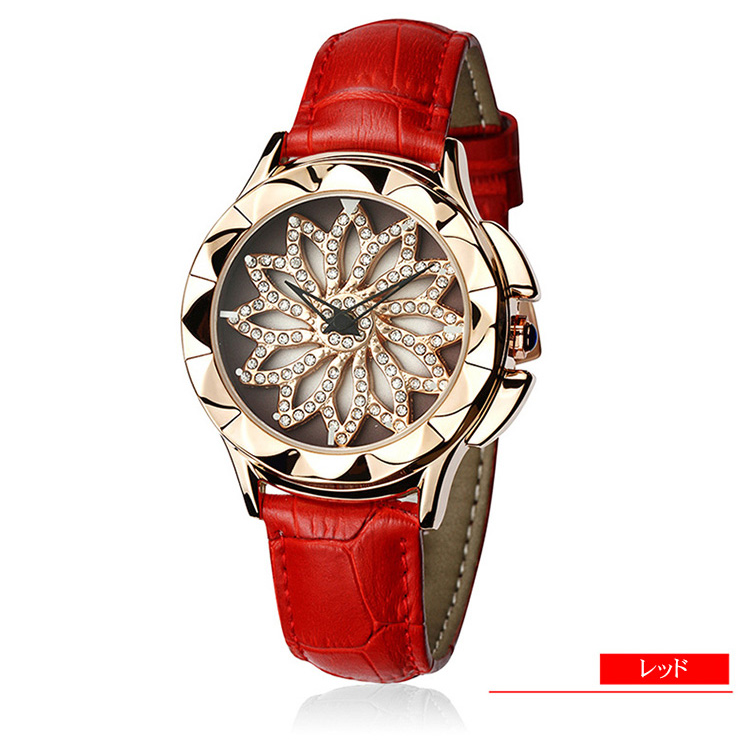 【レディース回転腕時計】高級感　精緻　キラキラ　回るダイヤル　防水　本革ベルト