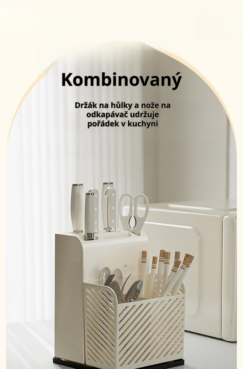 Krémový stojan na kuchyňské náčiní na pracovní desce