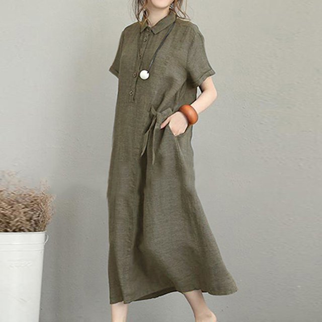 여성 무지 면마 셔츠 원피스