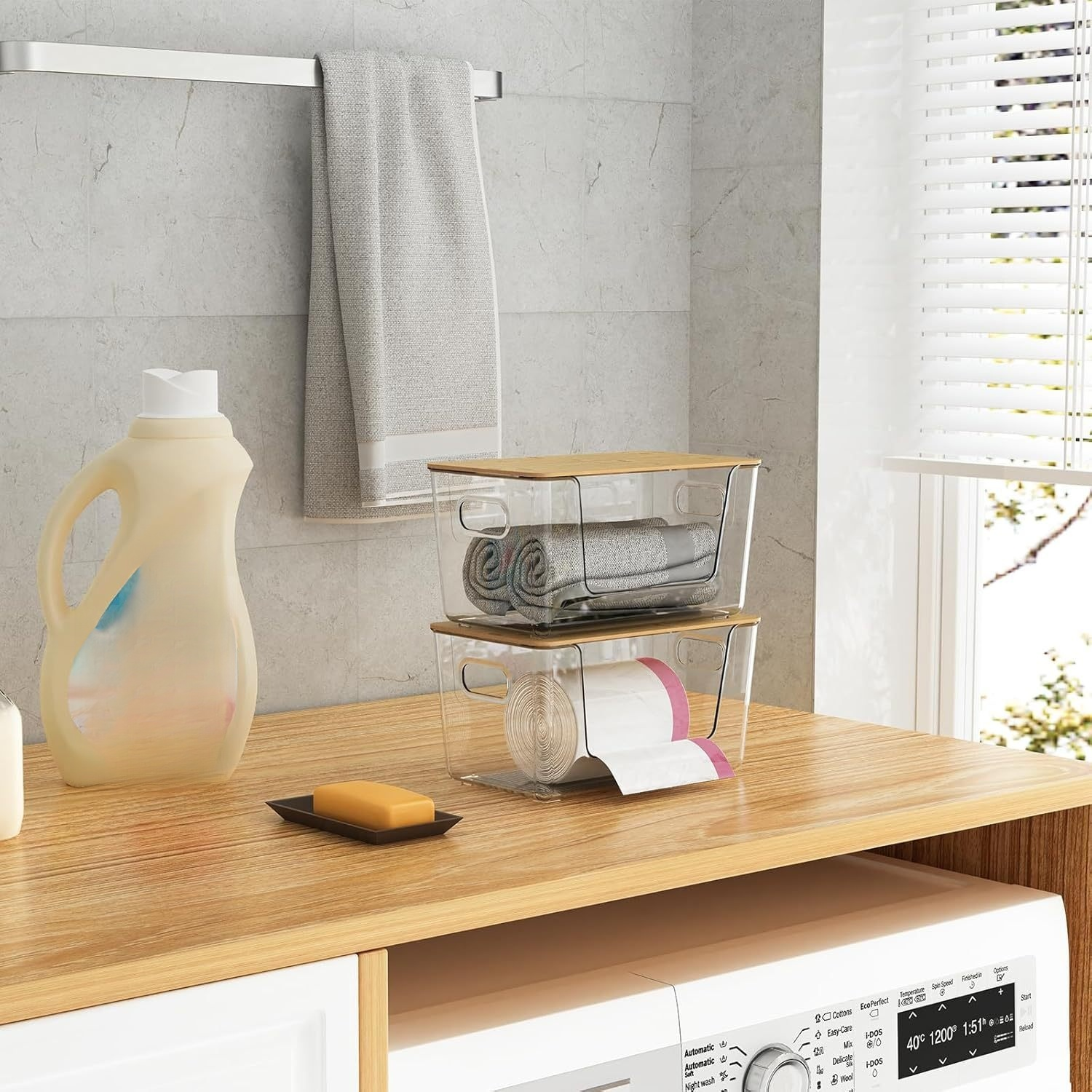 멀티 데스크 라지 수납함 대용량 다용도 가정용 투명 대나무 뚜껑 수납함