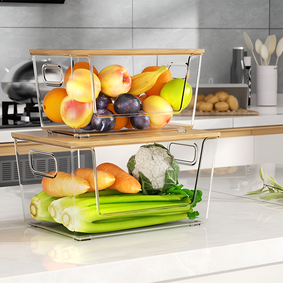 透明な大型収納ボックスで中身が見える様子