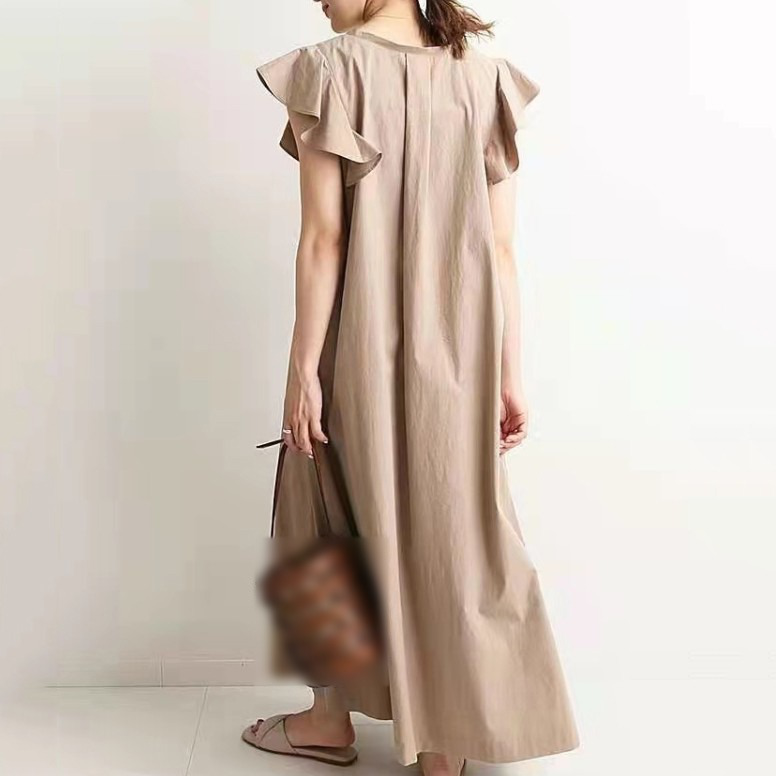 人気新作フリルスリーブAライン無地ルーズワンピース全体画像