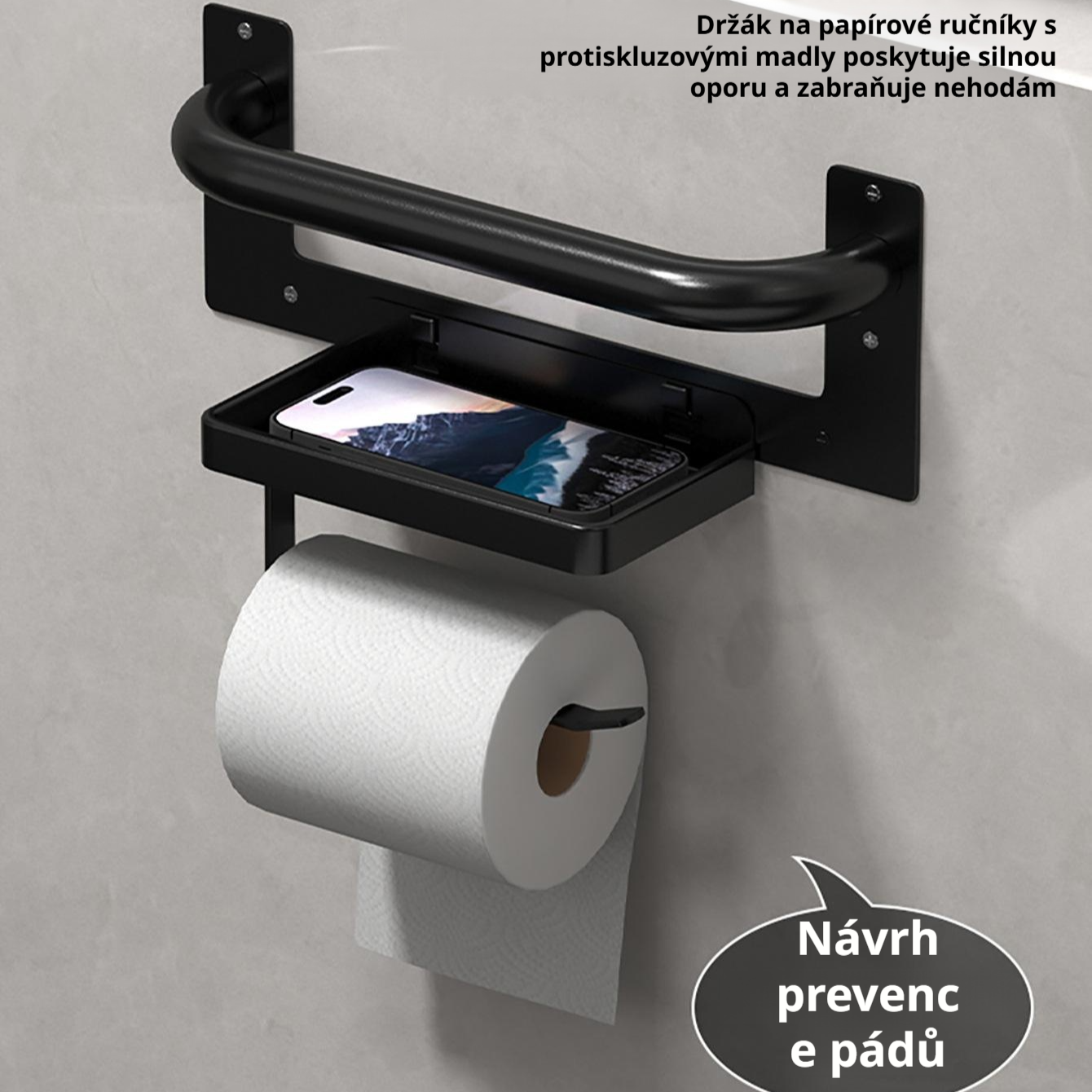  Držák toaletního papíru s madly, nástěnný držák na papírové ručníky, polička na mobilní telefon
