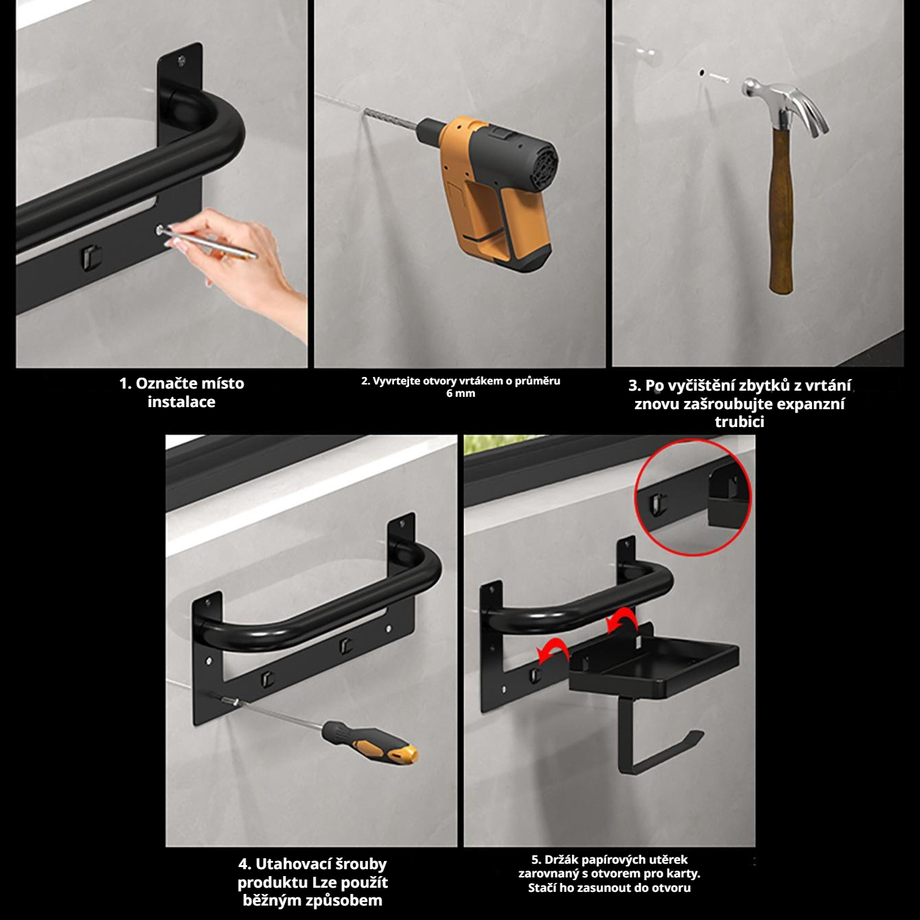  Držák toaletního papíru s madly, nástěnný držák na papírové ručníky, polička na mobilní telefon