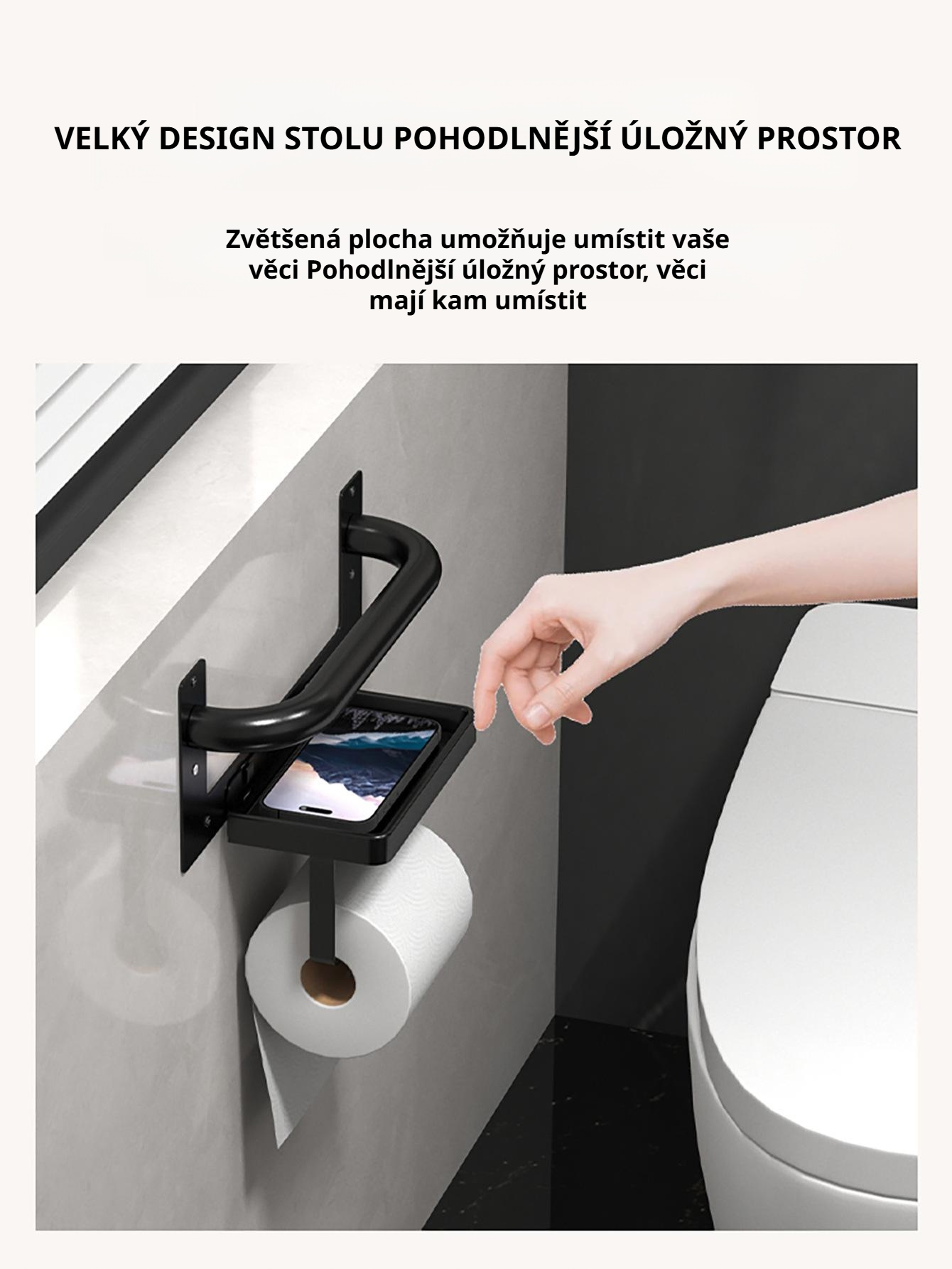 Polička na mobilní telefon na držáku toaletního papíru