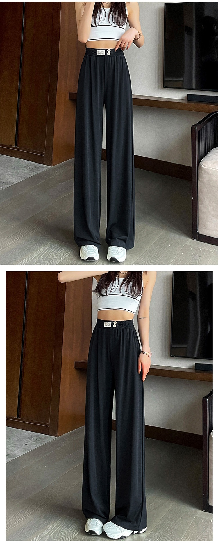 伸縮性を示すアイスシルクワイドパンツ