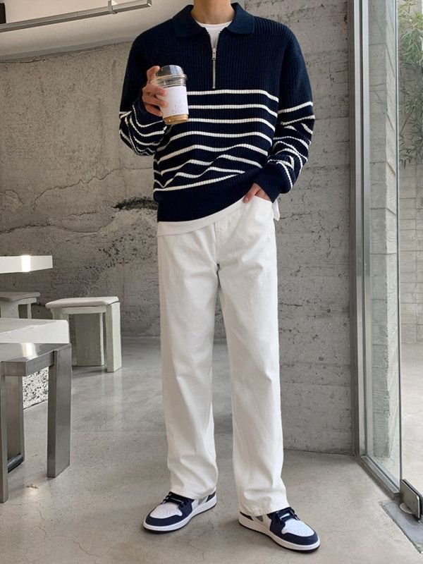 Men's autumn loose retro casual half-zip polo striped long-sleeved sweater