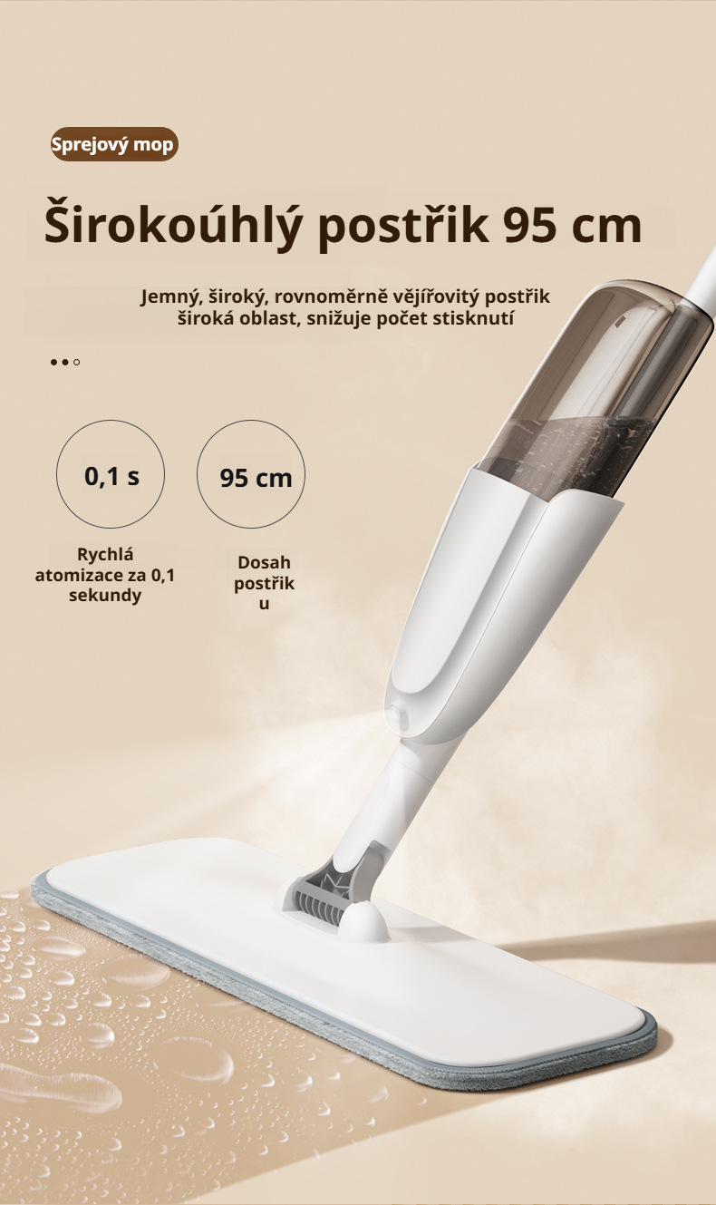 Detailní pohled na nádržku mopu s rozprašovačem