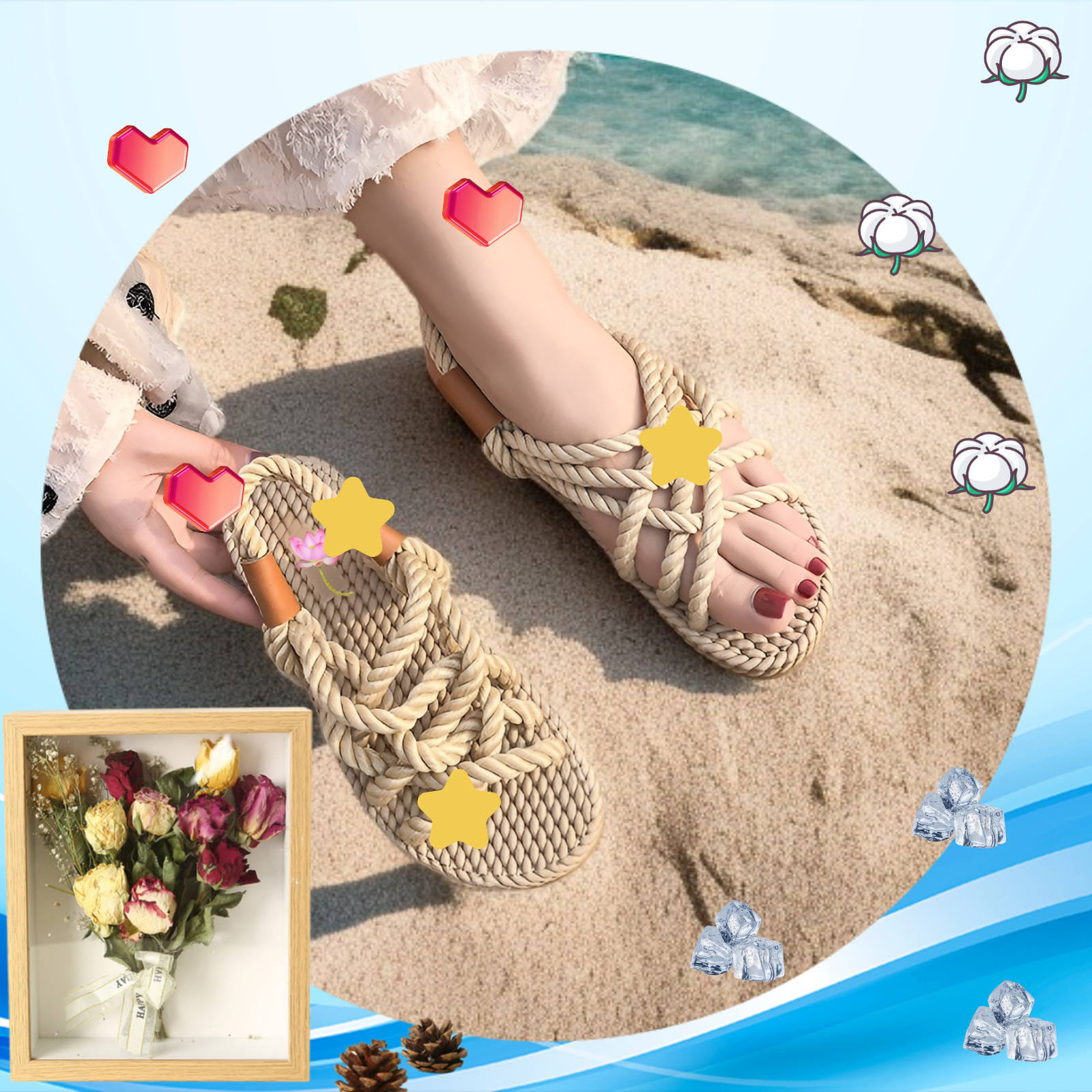 自然な快適さ：編み込み麻ロープフラットローマサンダル