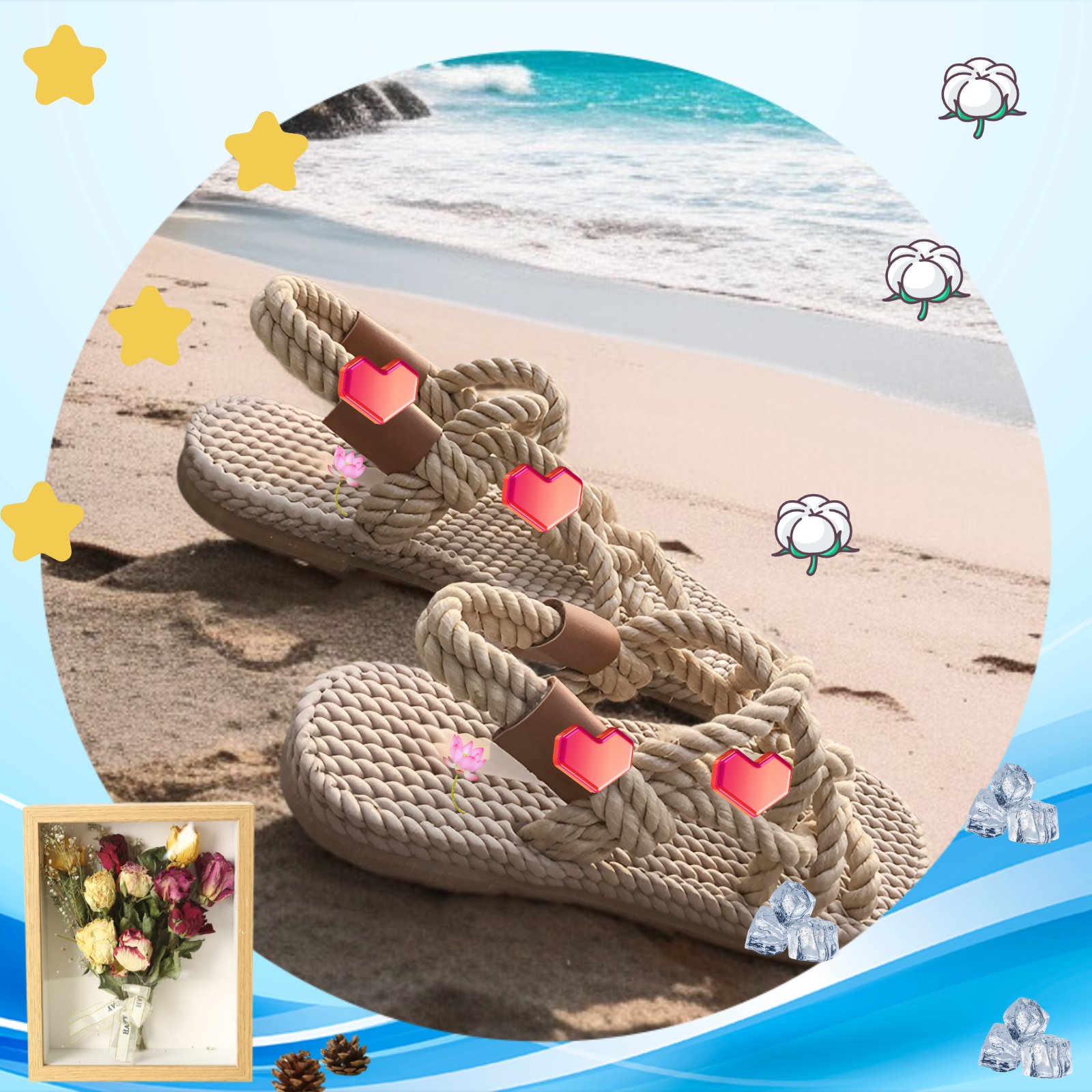 自然な快適さ：編み込み麻ロープフラットローマサンダル