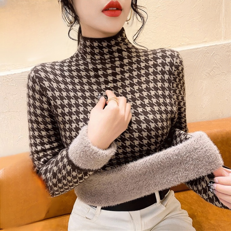 하운드투스 패턴 기모 두꺼운 스웨터