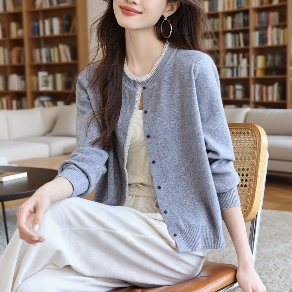 여성 그레이 니트 가디건 아우터 무드 상의 레이스 긴팔 니트