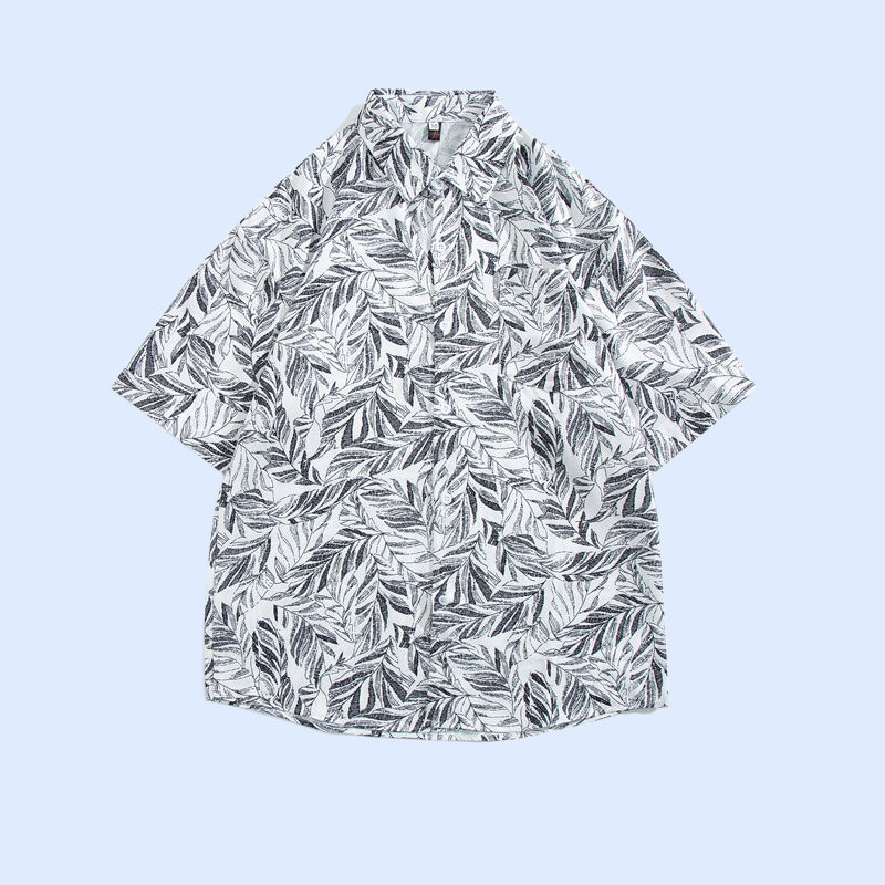 2025 여름 남녀공용 한류 나뭇잎 프린트 루즈핏 반팔 셔츠, 해변용 플라워 셔츠