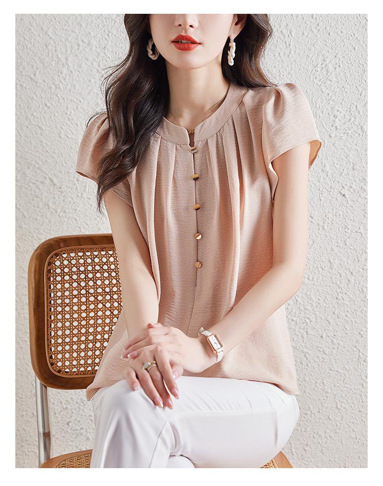 여성 통근 반팔 셔츠 슬림 라운드 반팔 셔츠 통근녀 반팔 셔츠