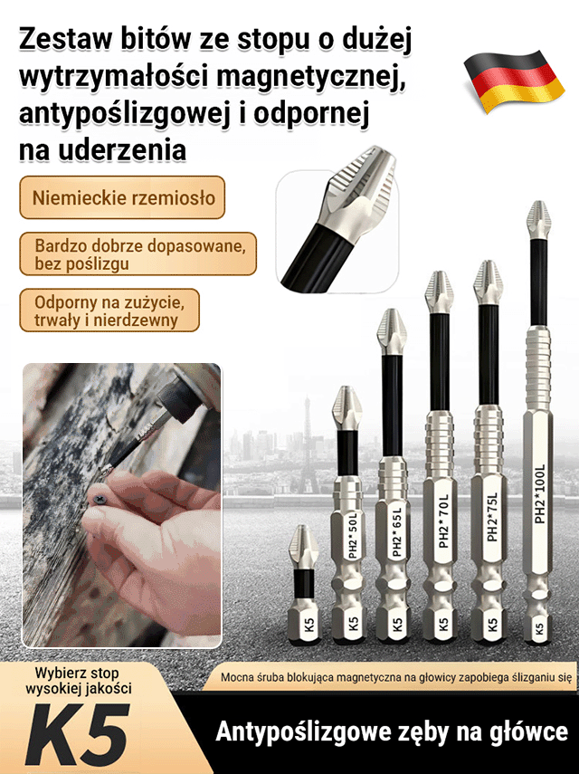 Zestaw bitów odpornych na poślizg, uderzenia i z silnym magnesem.