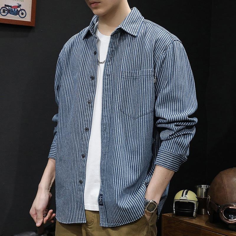 남자 스트라이프 아우터 셔츠 캐주얼 상의 데님 셔츠 긴팔 남자 셔츠
