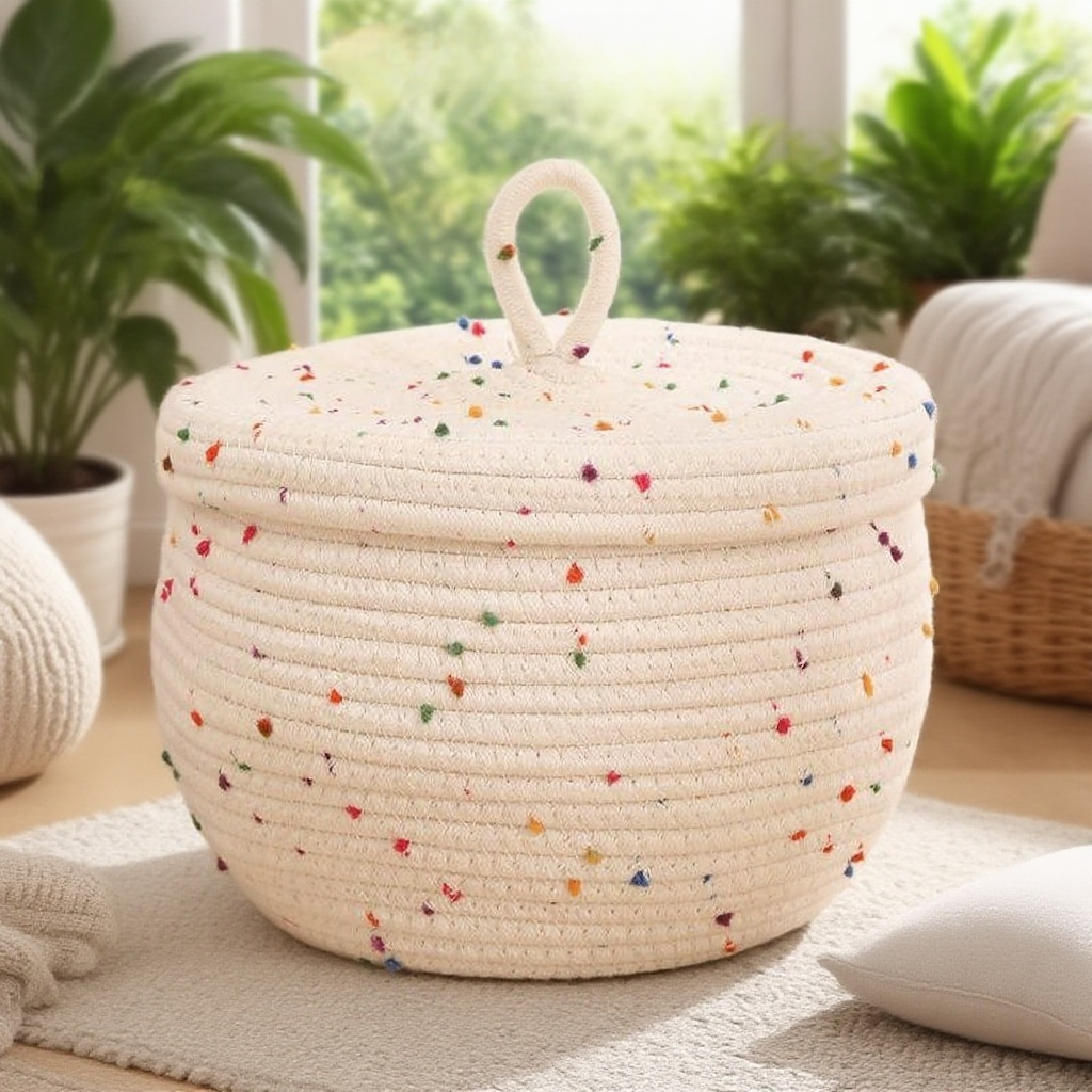 圓形編織帶蓋收納筐