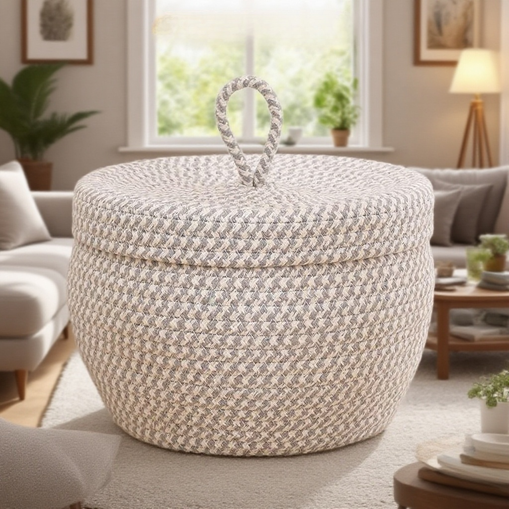 圓形編織帶蓋收納筐