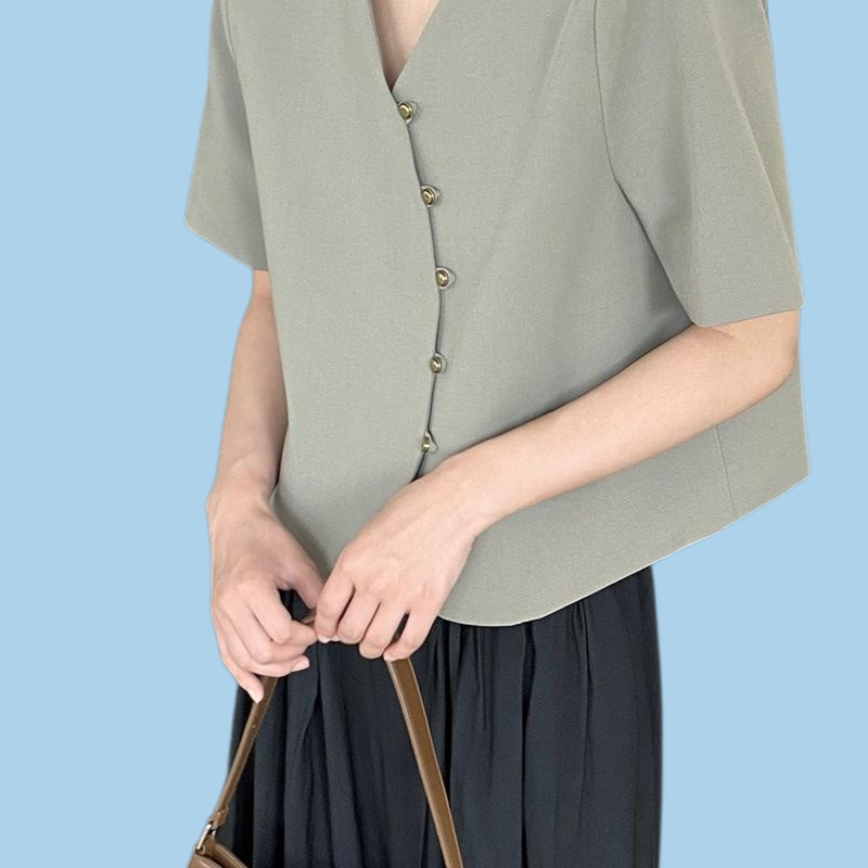 デザイン感マイナーピュアカラーvネック半袖