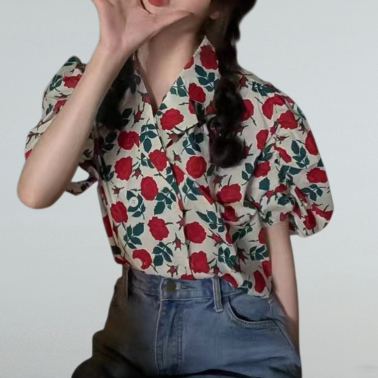 장미 셔츠 여름 빈티지 패션 버블 소매 상의 루즈한 반팔 셔츠 여풍