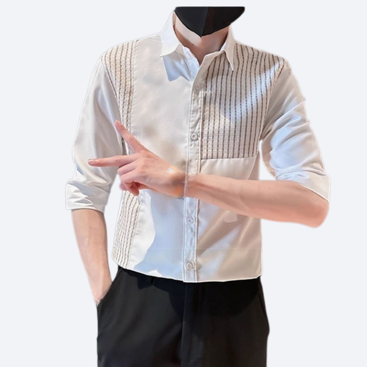 남성 여름 얇은 접합 5 부 소매 와이드 셔츠