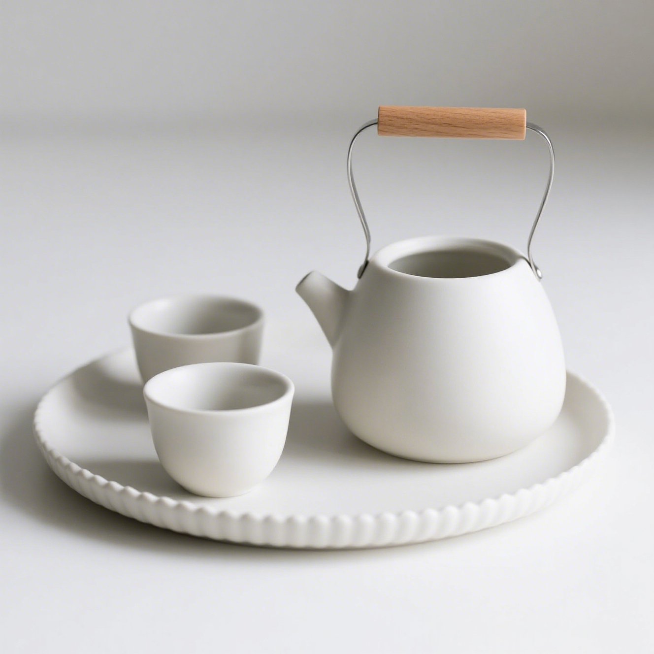 Čistě bílý porcelánový set: konvice, šálek a talíř