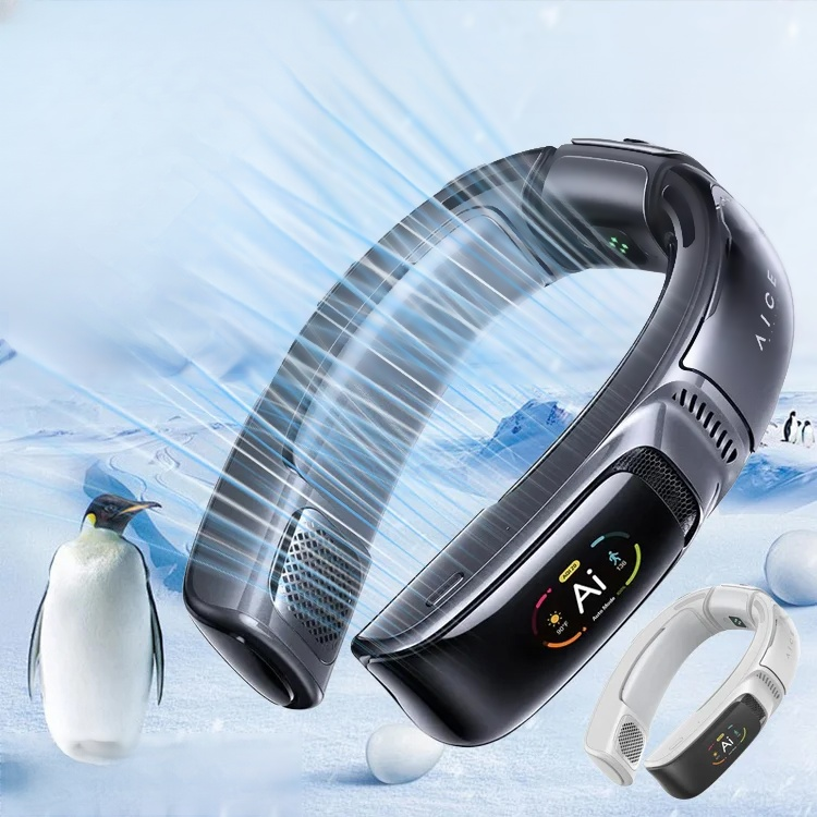 JS geräuschloser USB-Nackenventilator mit digitaler Anzeige für bequeme Nutzung