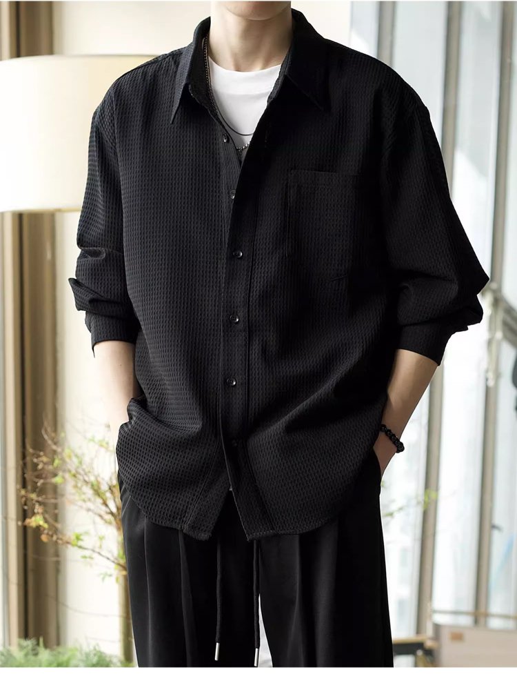 ワッフルチェック長袖シャツ正面画像