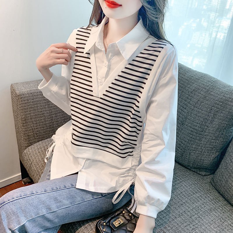 날씬해 보이는 스트라이프 셔츠 여 가을 휴가 투피스 긴팔 셔츠 예쁜 니트 쉬폰 상의 작은 셔츠 스트라이프 여 셔츠 상의