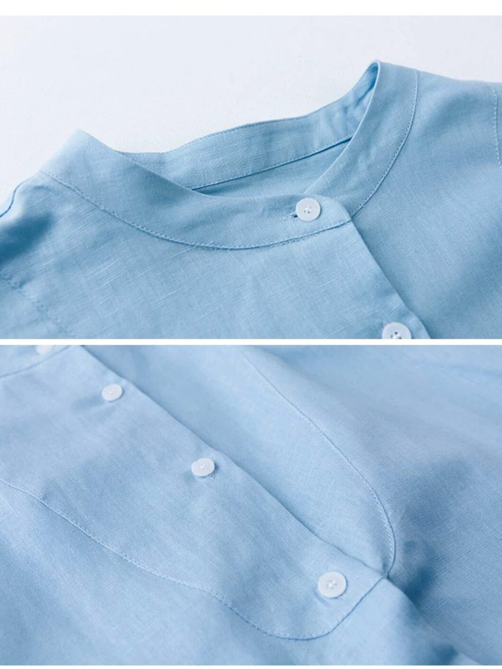 【レディースブラウス】スキッパーネック　　ふんわり裾　　五分袖・綿麻生地