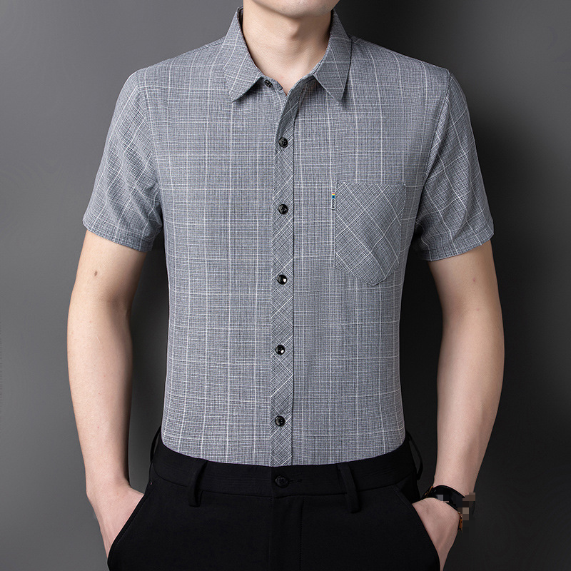 チェック柄綿麻メンズシャツ