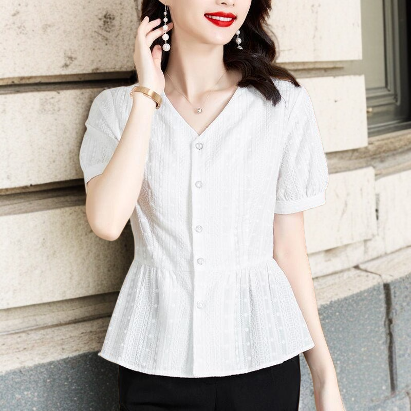 여름 신상 패셔너블하게 배를 가리는 중년 엄마 허리띠를 줄여 날씬해 보이는 블라우스녀