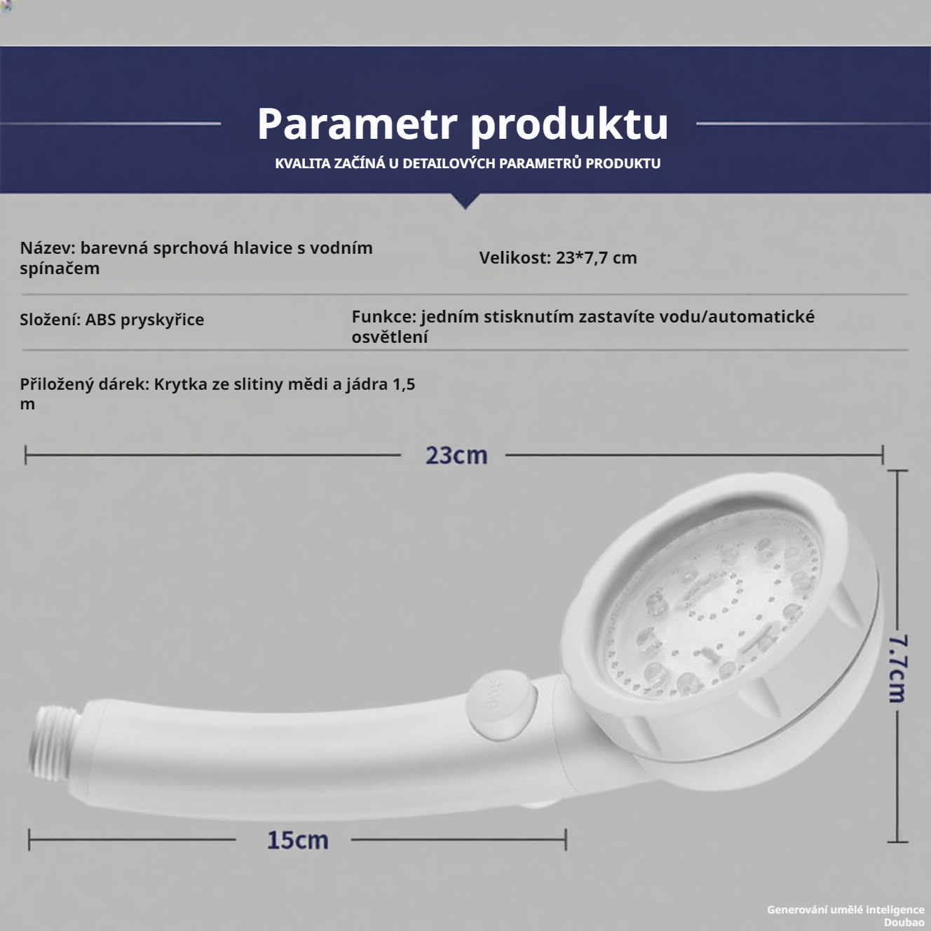LED sprchová hlavice s vypínačem a funkcí zastavení vody