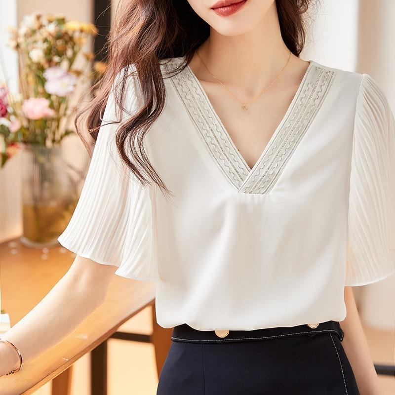 여성 여름 반팔 상의 배 가리는 반팔 화이트 셔츠 봄옷 블라우스 반팔 상의