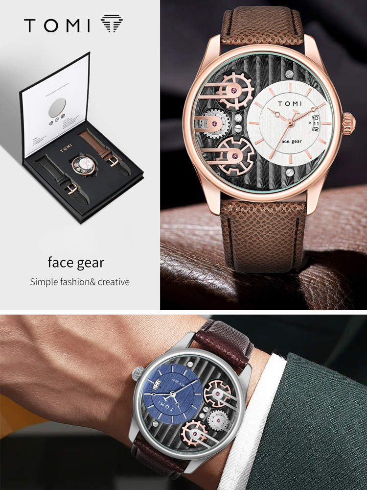 ساعة فاخرة راقية ذات سوار جلدي للرجال (علبة الهدية الرائع بسوار مزدوج)