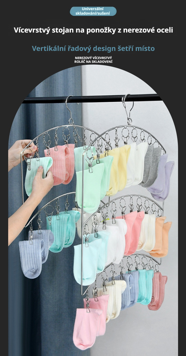 Nerezový vícevrstvý sušák na prádlo v moderním interiéru