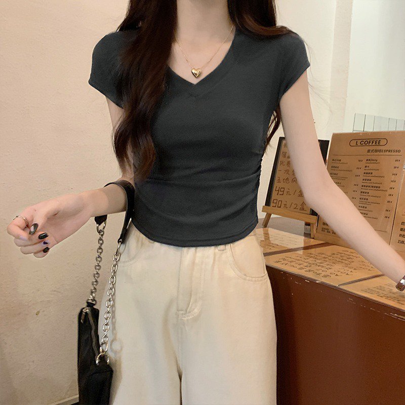 レディース半袖アイスシルクカラーボーンシックプリーツ半袖Tシャツトップス