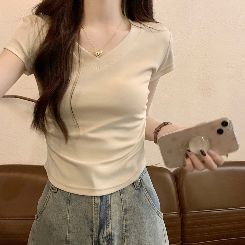 レディース半袖アイスシルクカラーボーンシックプリーツ半袖Tシャツトップス