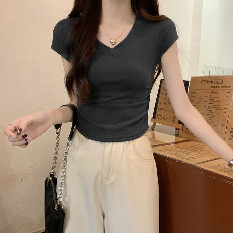 レディース半袖アイスシルクカラーボーンシックプリーツ半袖Tシャツトップス