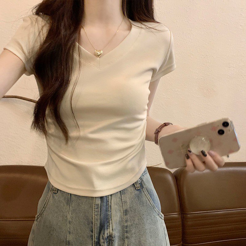 レディース半袖アイスシルクカラーボーンシックプリーツ半袖Tシャツトップス