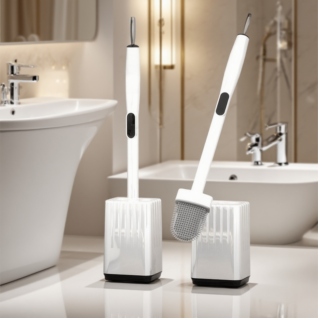 Sada na čištění toalety s dlouhou rukojetí v moderní koupelně