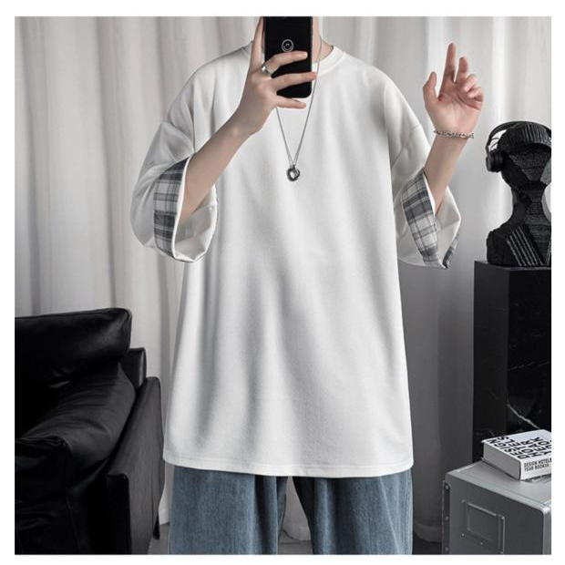 ビッグサイズルーズサマーメンズ半袖Tシャツ ラウンドネックTシャツ 学生チェック柄トップス