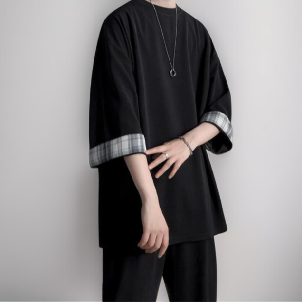 ビッグサイズルーズサマーメンズ半袖Tシャツ ラウンドネックTシャツ 学生チェック柄トップス