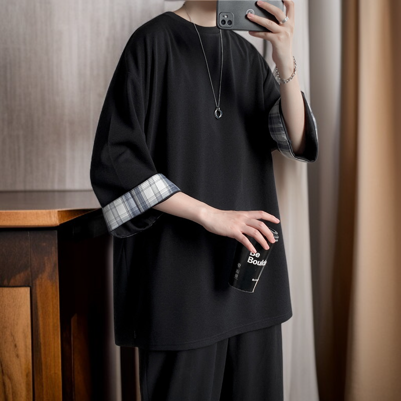 ビッグサイズルーズサマーメンズ半袖Tシャツ ラウンドネックTシャツ 学生チェック柄トップス