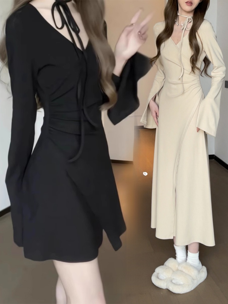 Vネック長袖ロングカシミヤニットワンピース