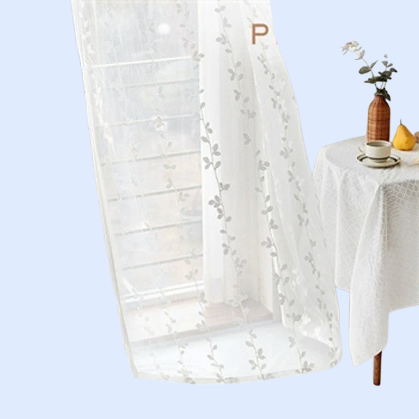 ホワイト小枝刺繍カーテン・綿麻素材・バルコニー窓用完成品