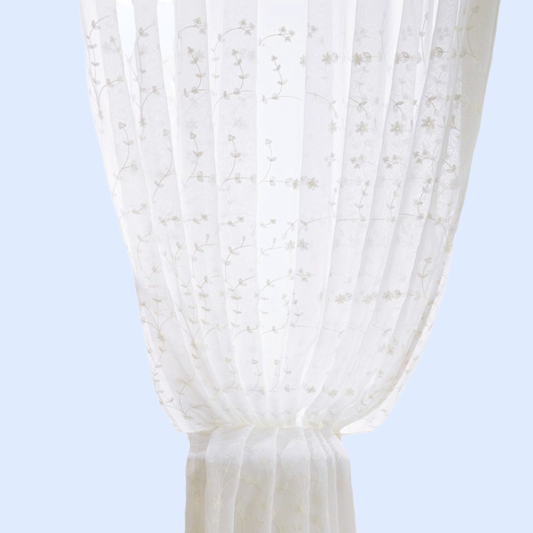 ホワイト小枝刺繍カーテン・綿麻素材・バルコニー窓用完成品