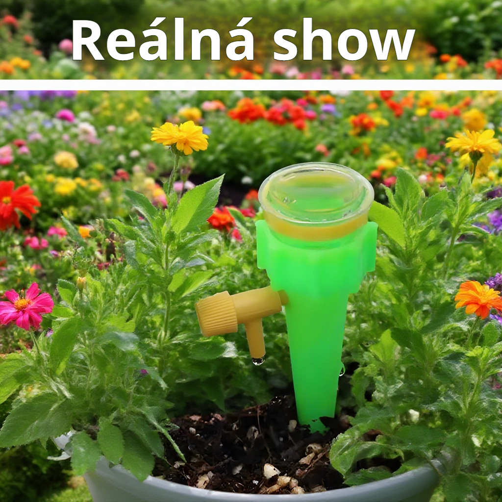 Zavlažovací hadice rozložené mezi květinami